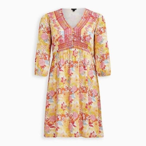 Torrid 14677924 PEACH FLORAL GAUZE HI-LO DRESS Shirred Embroidered Button V Neck - Picture 11 of 12
